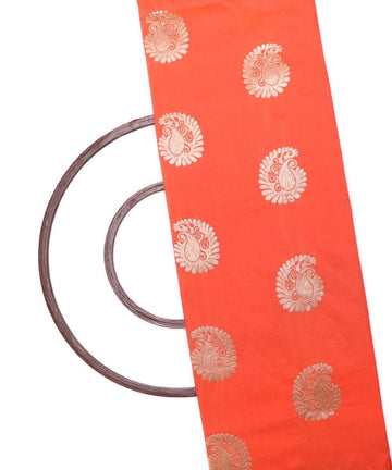 peach and golden paisley design brocade silk fabric